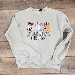 Gildan Sweatshirt Medium "Just A Girl and Her Chicken" Beige Heavyweight NEW